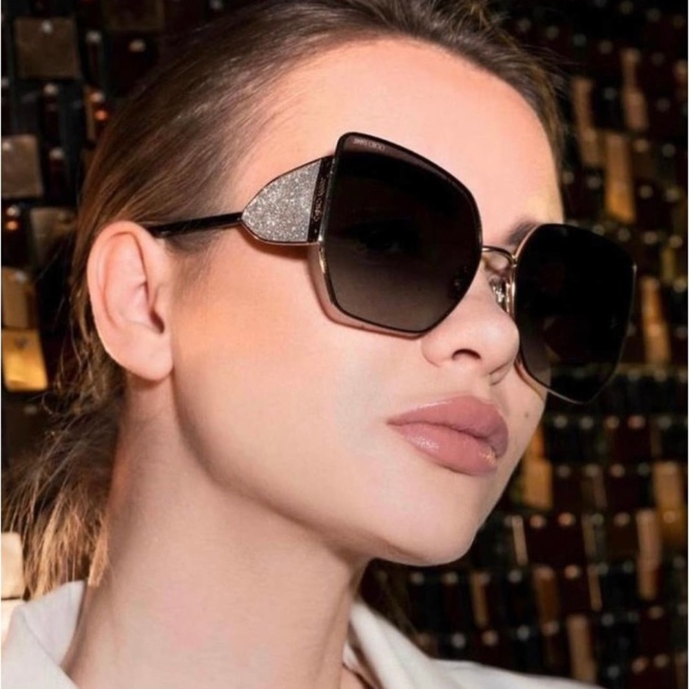 JIMMY CHOO DRAMATIC BLACK GOLD METAL FRAMES WITH SPARKLING TEMPLES SUNGLASSES
